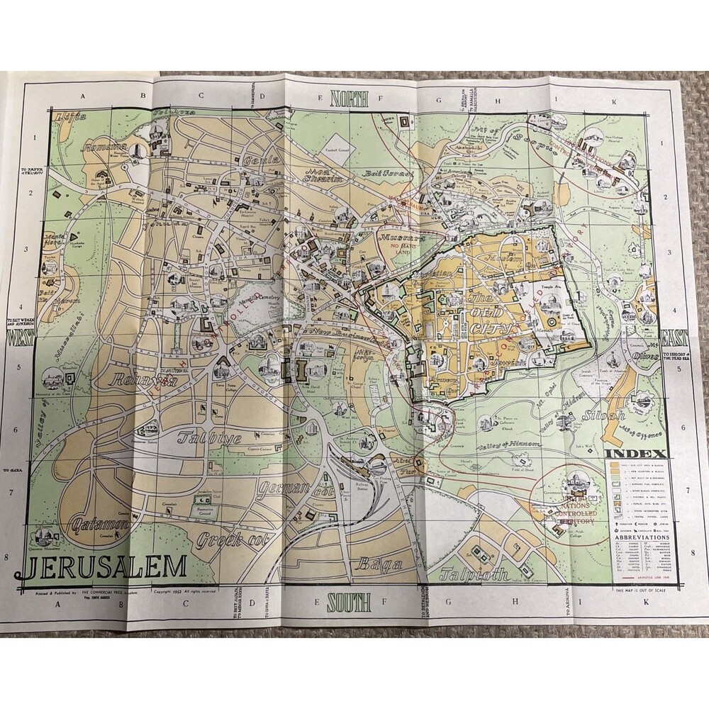 Vintage Travel Tourist Map of Jerusalem Israel 1952 Folding Brochure